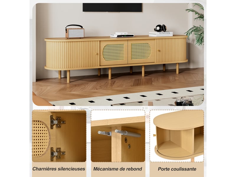  Meuble tv en bois 180cm - 2 portes rotin, 2 portes à rideau - style rustique - bois clair  - Conforama D