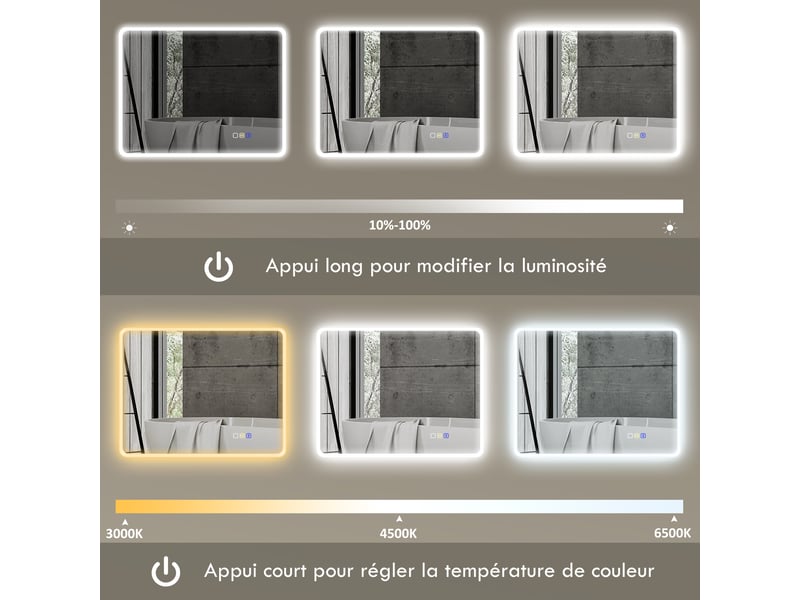 Miroir salle de bain led bluetooth 70 x 90 cm interrupteur tactile lumière réglable 3 couleurs anti-buée mémoire argent - Conforama R