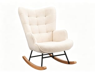 Beige teddy bear plush rocking chair, square tufted high-backed cushioned rocking chair with wooden rocking rod, suitable for bedroom, nursery, and living room.