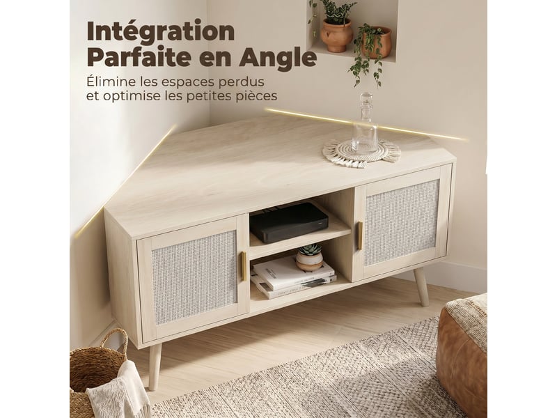  Meuble tv d'angle 115 cm, meuble télé pour téléviseur jusqu'à 65 pouces, chêne, 2 portes en rotin  2 compartiments  - Conforama D