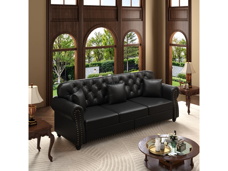  Canapé chesterfield 3 places 210x76x86 cm, canapé de salon, pouf inclus, mousse et ressorts ensachés, accoudoirs arrondis, pu - noir CozyNest - Conforama E