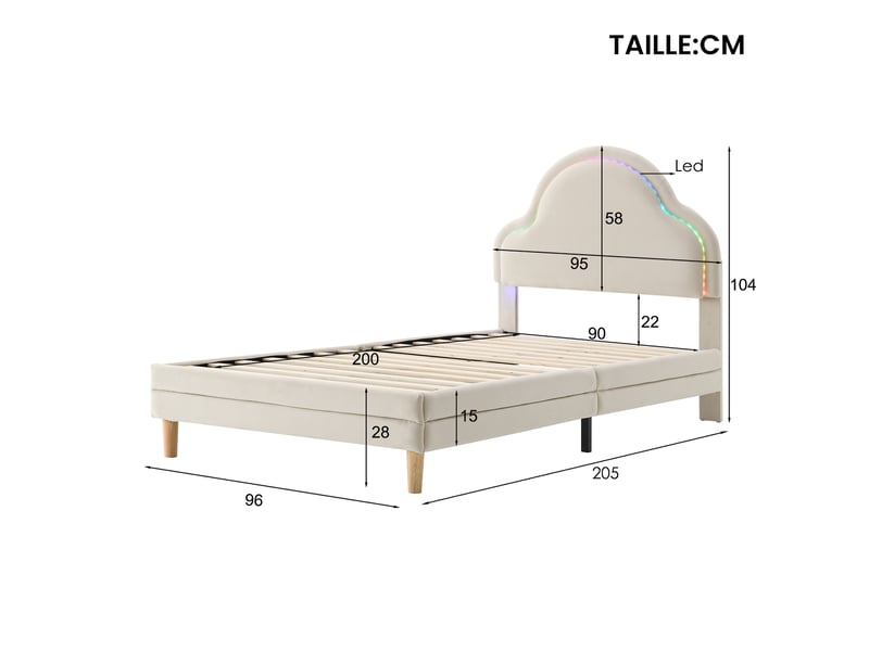  Lit enfant en velours beige, lit simple avec tête nuage et led multicolore à motifs variables, 90x200 cm, sans matelas  - Conforama D
