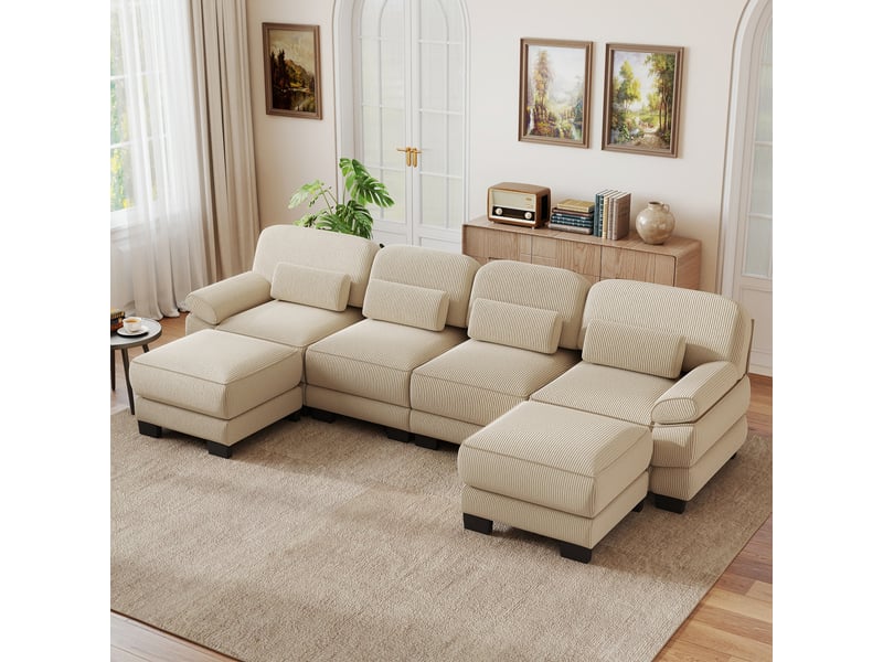 Canapé d'angle modulable 4 places en u avec 2 poufs, structure robuste, assise profonde spacieuse, tissu cord doux, coussins épais, beige, pour salon - Conforama E