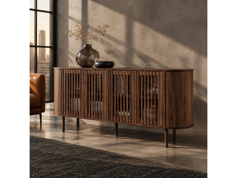  Buffet 160x40x70 cm à 4 portes coulissantes perforées en mdf coloris noyer  - Conforama B