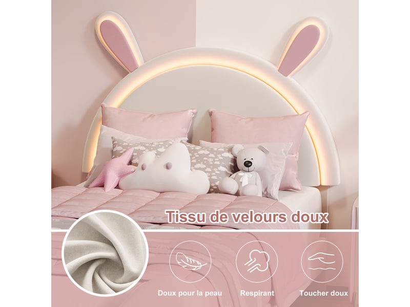  Lit jeune fille 140x200 cm cadre de lit rembourré en velours, tête de lit oreilles de lapin avec éclairage rgb, lit enfant avec pied de lit anti-chute  - Conforama D