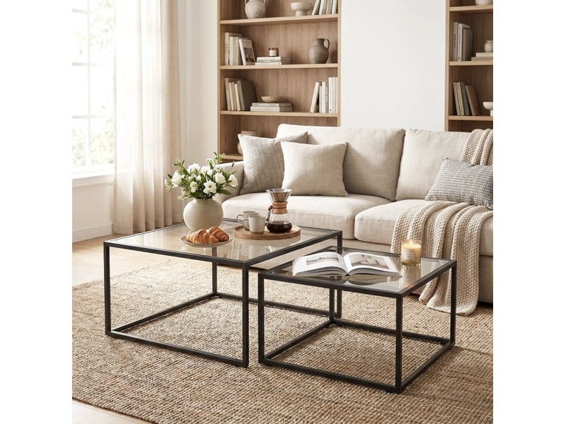  Tables basses gigognes rondes 2 pièces en verre trempé avec cadre métallique noir et pieds réglables pour salon  - Conforama D