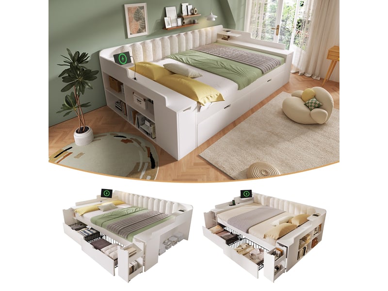  Lit banquette 140x190 cm avec 2 tiroirs, rangements, chariot, étagère latérale, usbtype-c, dossier sherpa blanc, sans matelas, bois  - Conforama B
