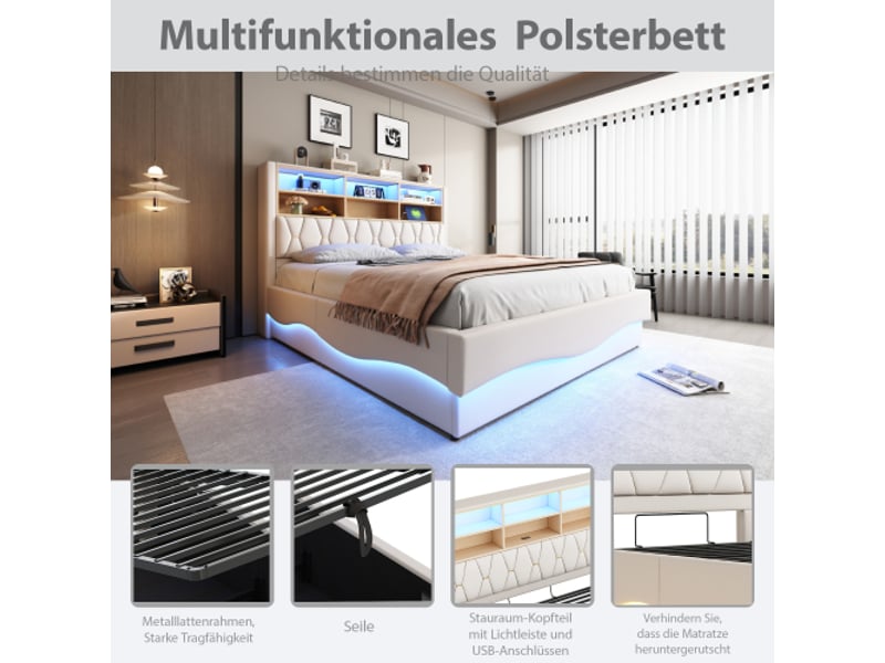 Lit rembourré beige en lin - 180x200 cm - coffre hydraulique - éclairage led - ports usb  - Conforama E