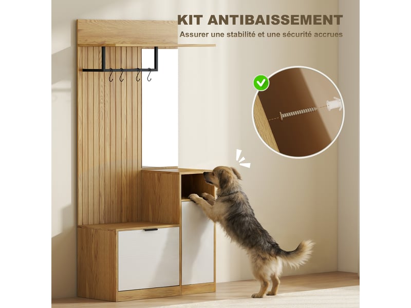  Meuble d'entrée 6 en 1, vestiaire d'entrée avec banc à chaussures rabattable, miroir, 80x36x168cm, chêne  - Conforama E