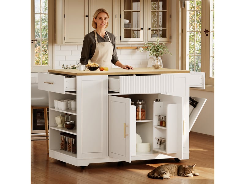 Îlot de cuisine mobile 120 x 50 x 92 cm avec espace poubelle, 2 portes, 3 tiroirs et rangement, blanc - Conforama B