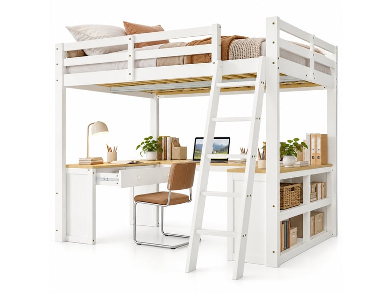 Lit mezzanine enfant 140 x 200 cm avec grand bureau en u, 2 tiroirs, étagère et échelle inclinée, blanc et naturel - Conforama A