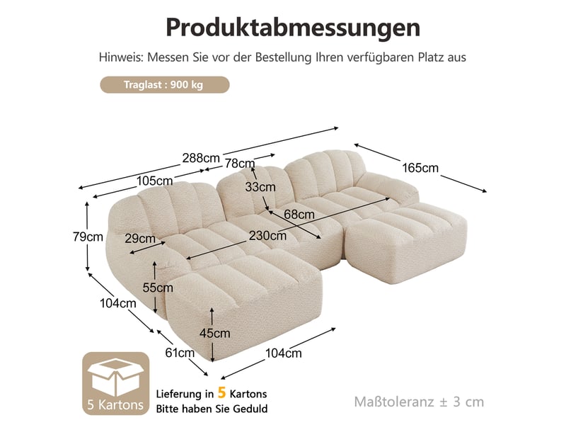 Canapé panoramique coquille 3 places, 2 poufs beigeblanc – 288 x 165 x 79 cm Fay Lum - Conforama C