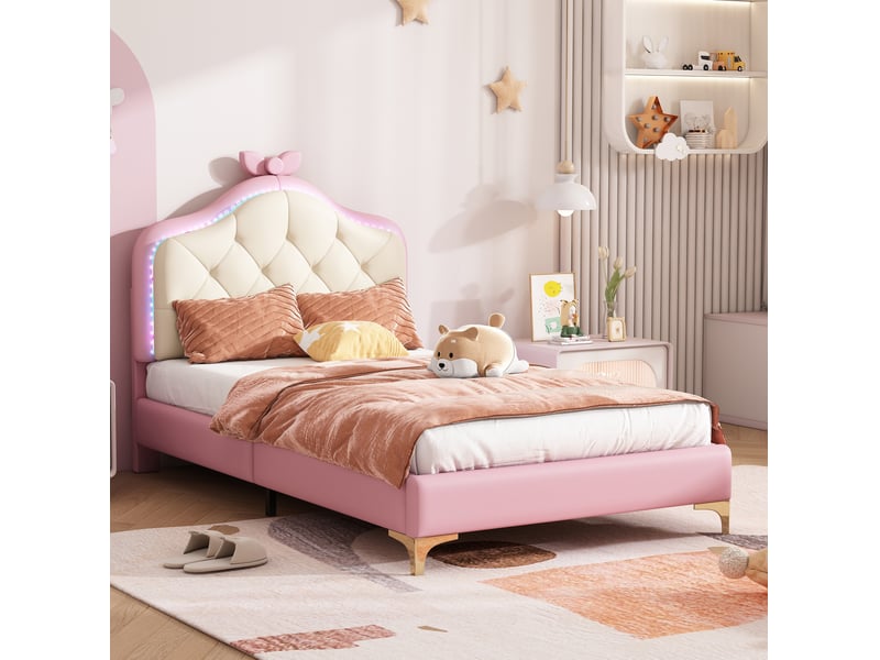  Modenvie lit enfant 90x200 cm - tête de lit led multicolore, noeud décoratif - sans matelas - rose  - Conforama D