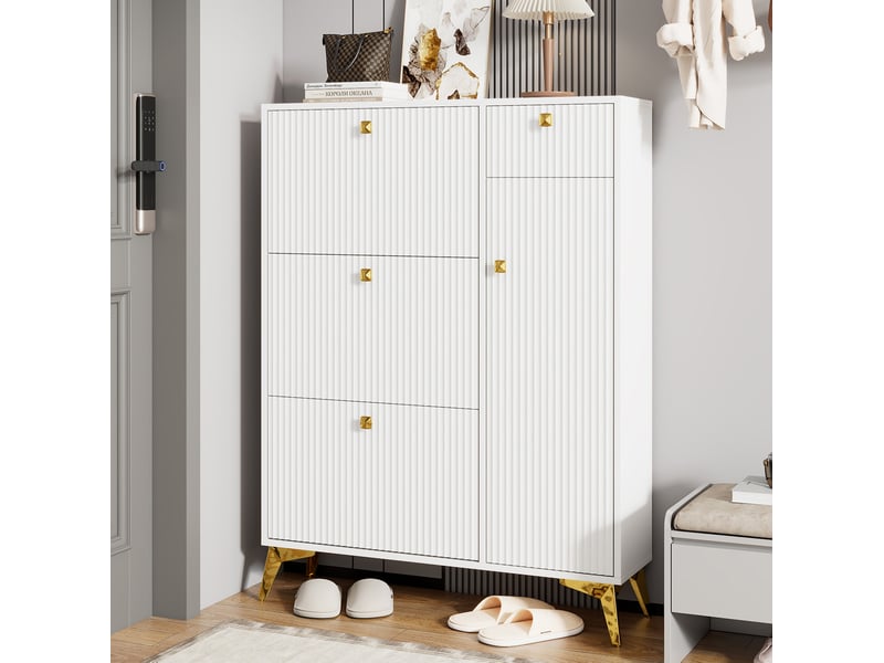  Meuble à chaussures blanc 90x25x121 cm avec 3 abattants, 1 tiroir et 1 porte  - Conforama D