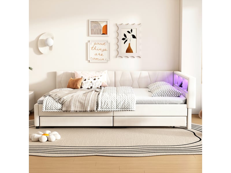  Lit de jour 140x200 canapé-lit en lin beige avec led, ports usb et type-c  - Conforama B