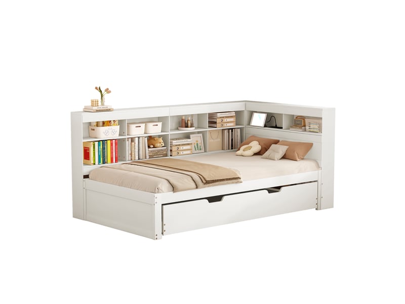  Lit banquette 90x200 cm – blanc – lit gigogne 90x190 cm, port usb et étagères de rangement - sans matelas  - Conforama A
