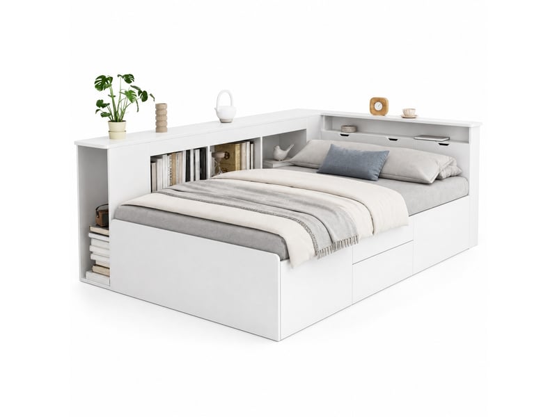 Lit enfant simple 200x90 cm en mdf avec 4 tiroirs, étagères et placards, sans matelas, blanc - Conforama A