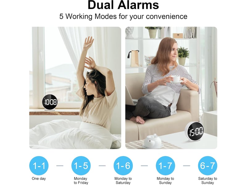  Reveil numerique avec led ecran incurvé, rond digitale reveil matin moderne avec 2 alarme, fonction snooze, 1224h, 4 luminosité réglable, blanc  - Conforama E