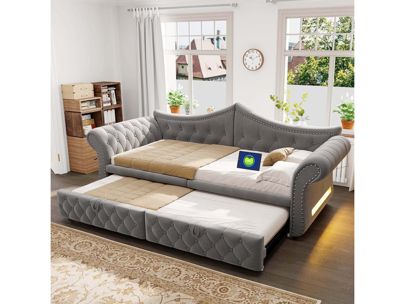  Canapé-lit convertible 90x200 cm avec lit extensible 180 cm, led et usb, banquette en velours avec détails cloutés - gris  - Conforama D