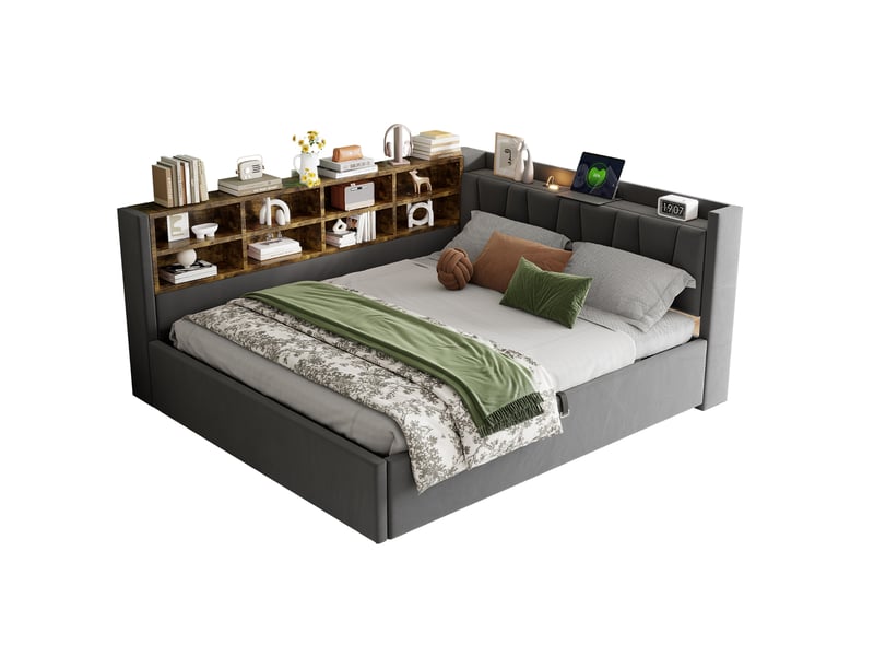  Litcanapé-lit capitonné 140 x 200 cm, avec rangement hydraulique, veilleuse, ports de chargement usb et type-c, étagères et compartiments de rangement, tête de lit capitonnée, lit multifonctionnel en velours gris foncé  - Conforama A
