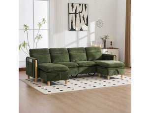 Canapé panoramique modulable 4 places 261x77x86 cm, canapé d’angle u ou l, 2 poufs coffre mobiles, poches latérales, pieds en bois, chenille vert