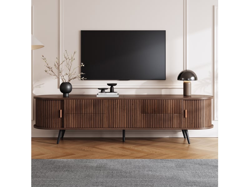  Meuble tv ovale 180x40x45 cm, noyer, aggloméré, jusqu'à 80 pouces, bas à poser, meuble de salon, 4 tiroirs et 3 portes  - Conforama E