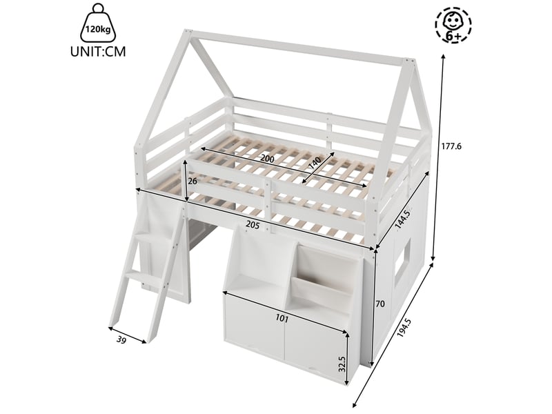  Lit mezzanine enfant 140x200 cm maison, escalier, led, rangements, barrières, bois mdf pin, blanc sans matelas  - Conforama C