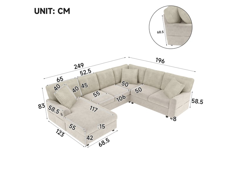 Canapé panoramique 6 places 249x196x83 cm en u avec chaise longue, accoudoirs à poches, usb type-c et 3 coussins, chenille et velours côtelé, beige Sol Morn - Conforama C