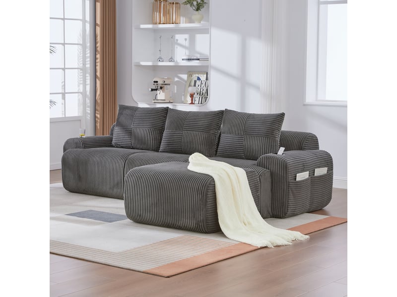  Canapé modulable 3 places avec poufs en velours côtelé gris foncé  - Conforama B