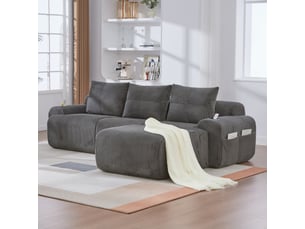 Canapé modulable 3 places avec poufs en velours côtelé gris foncé
