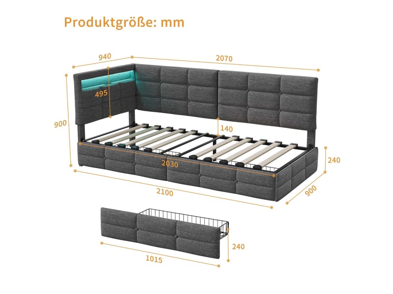  Lit 90x200cm - lit simple 90x200 - lit rembourré en l avec 2 tiroirs, éclairage led, ports usbtype-c - tissu en lin gris  - Conforama E