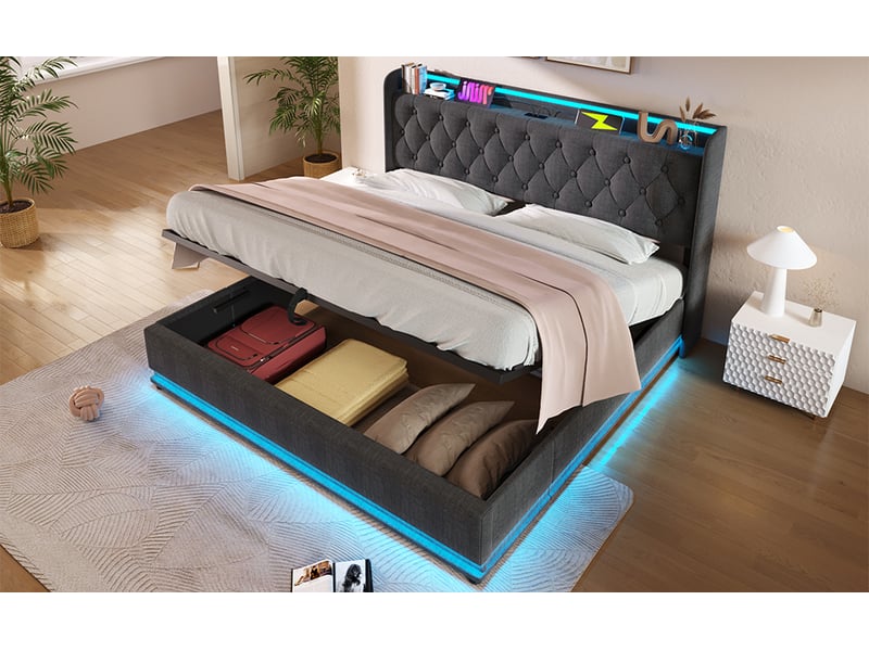  Lit plateforme 180x200 cm gris avec coffre hydraulique, tête de lit rembourrée led et port usb-c, sans matelas  - Conforama D