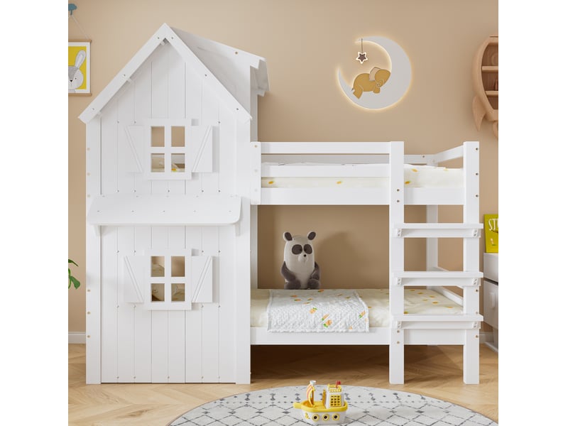  Lit superposé enfant 90x200 cm fenêtres, toit et échelle droite, sommier, mobilier chambre, mdf, blanc sans matelas  - Conforama D