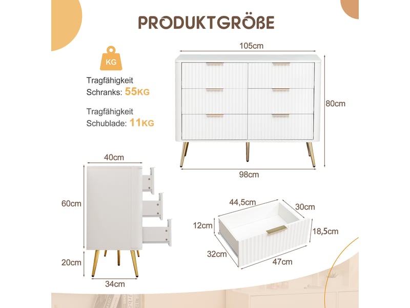  Commode 6 tiroirs à fermeture douce avec fixation murale pour chambre en mdf blanc, pieds 20 cm  - Conforama D