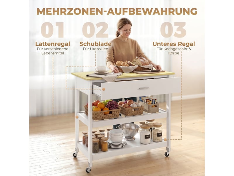  Desserte de cuisine à roulettes, îlot central cuisine avec plan de travail, tiroir, étagères, blanc, porte-serviettes  - Conforama E