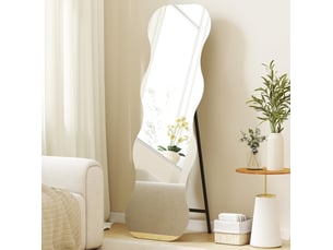 Miroir plein pied ondulé sans cadre noir en verre trempé, base en pin, à poser ou adosser, 160 cm