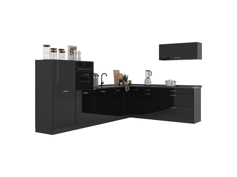  Vicco cuisine en angle, noir haute brillanceanthracite, 327 x cm plan de travail marbre  - Conforama E
