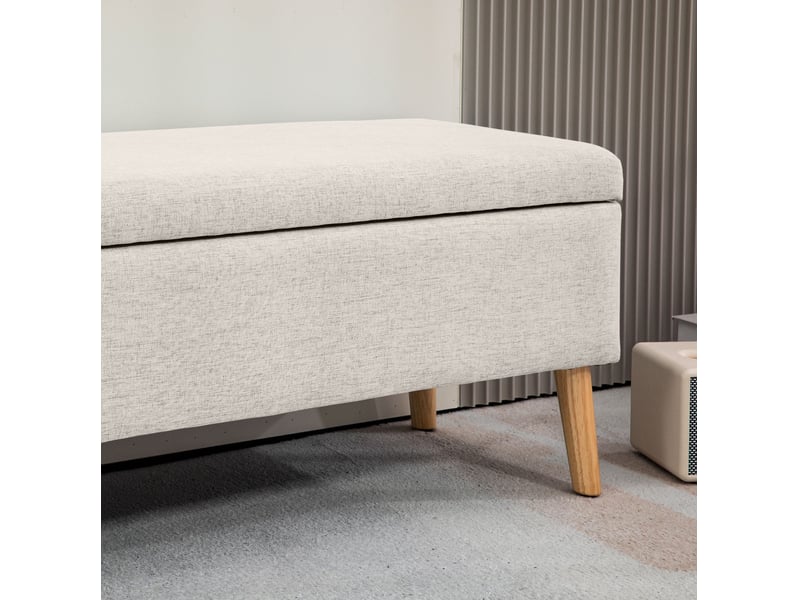  Banc de rangement 110 x 39 x 45 cm beige, polyester aspect lin et piètement en bois d'hévéa  - Conforama E