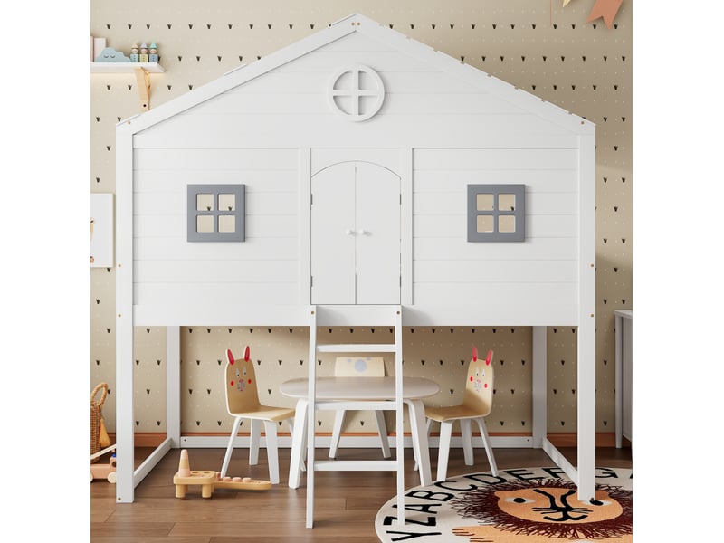  Lit mezzanine 90x200cm, sommier, escalier intégré, porte, lit cabane, 2 fenêtres, en bois+mdf blanc, sans matelas  - Conforama B