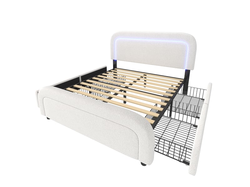 Lit rembourré blanc effet bouclette 160x200 cm avec led, usb et type-c, 4 tiroirs Fay Lum - Conforama W
