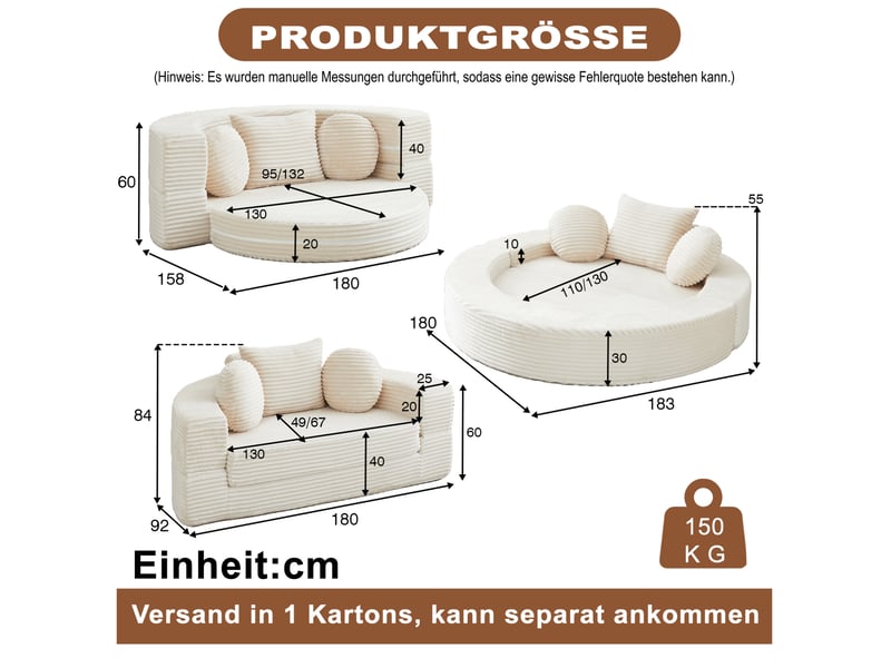 Canapé convertible 4 en 1 compressé, 180x92x84 cm en mousse confort et velours côtelé couleur beige, simple  - Conforama C
