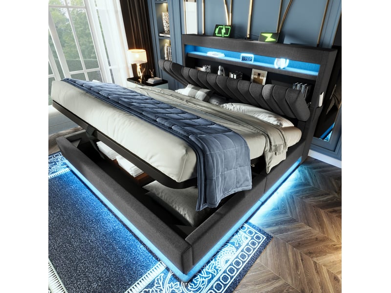  Lit double 140 x 190 cm avec rangement hydraulique, led, usb et type-c, gris, lin  - Conforama C
