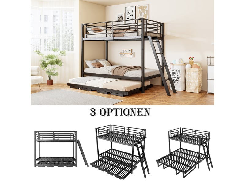  Lit superposé 90 × 200 cm 2 places avec lit gigogne extensible 180 × 200 cm, sans matelas, métal noir  - Conforama E