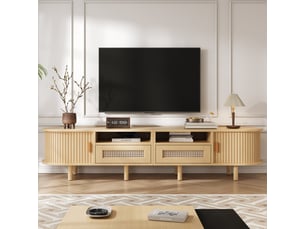 Meuble tv 170 cm ovale en mdf effet bois clair, rangement, portes coulissantes et tiroirs en cannage, jusqu'à 70 pouces