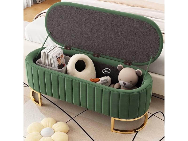  Banc de rangement vert 120x40 cm en velours avec coffre et pieds en métal  - Conforama D