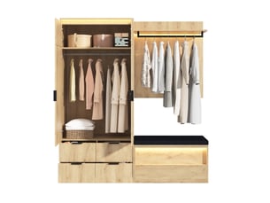 Vestiaire d'entrée bicolore en mdf 180 x 47 x 200 cm avec miroir, banc rembourré, 4 tiroirs et led pour l'entrée