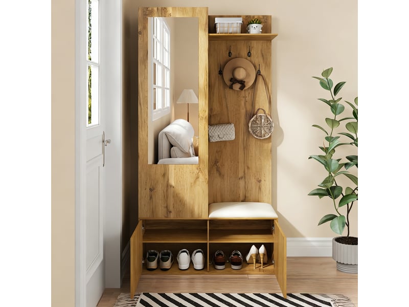 Portemanteau avec banc et rangement 100 x 191 cm en mdf noir et bois - Conforama E