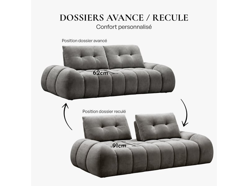Canapé 3 places avec dossier amovible en tissu capitonné gris - Conforama D