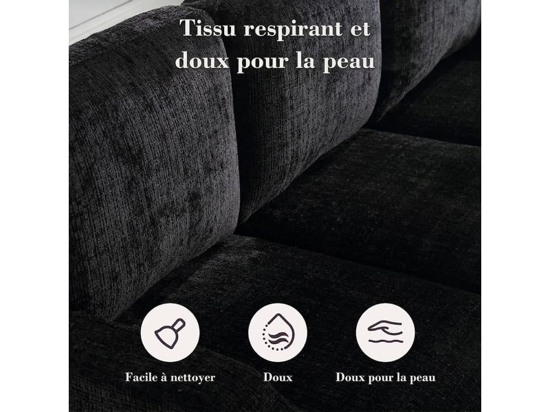  Canapé 4 places avec pouf en chenille douce 196,5 cm - rangement, porte-gobelets, poches latérales  - Conforama R