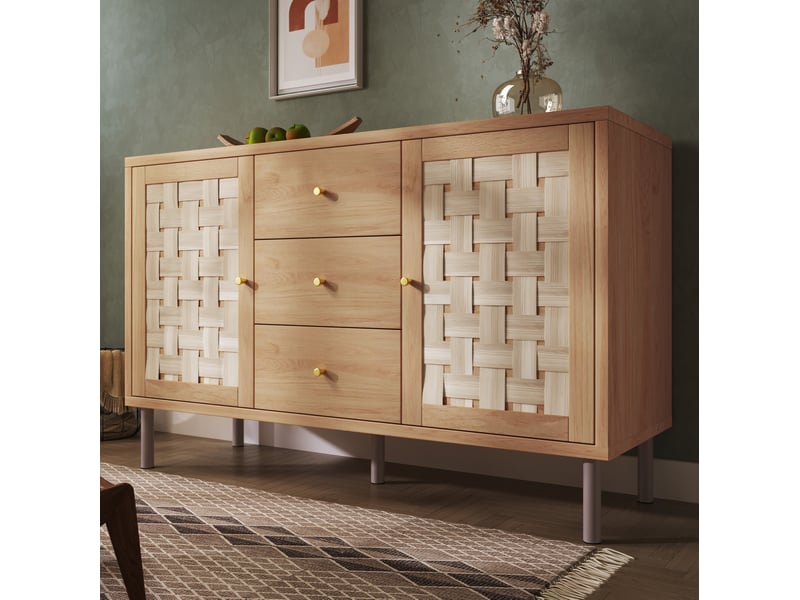  Buffet et enfilade avec 2 portes, 3 tiroirs et étagères réglables pour salon, bois et métal, chêne, 120 × 40 × 75 cm  - Conforama B